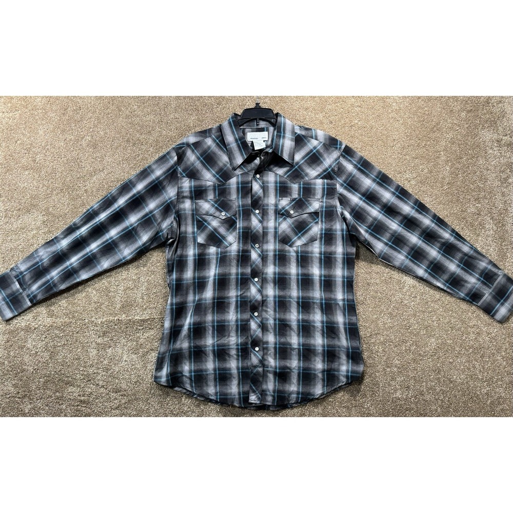 Wrangler Wrancher Men's Pearl Snap Plaid Flannel Shirt Black Teal‎ - Size Large